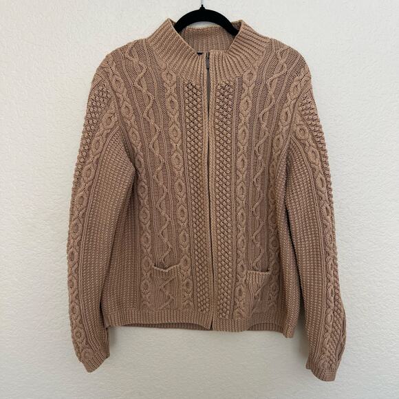 Lands’ End, Cable Knit Zip Cardigan Sweater, Beige, Cotton, Classic Cozy Knit - Picture 1 of 12